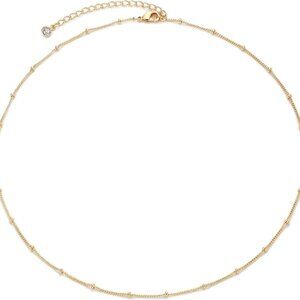 Dainty 14K Gold Plated Beaded Chain Choker Necklace for Women, Adjustable 13-15